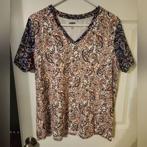 Lands' End Women's Cotton Short Sleeve V Neck T-Shirt Paisley Print Size L 14-16